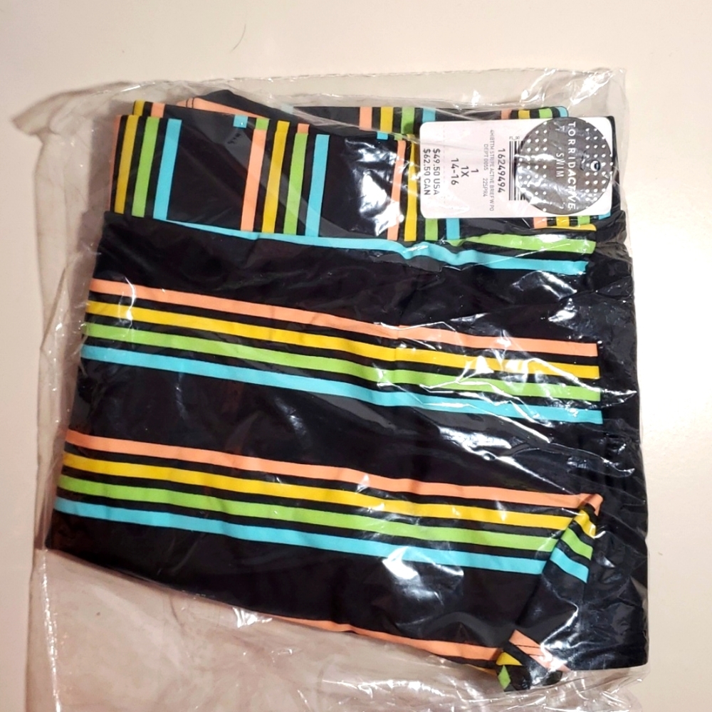 ❤️NWT TORRID ACTIVE SWIM BOTTOM HIGH RISE BRIEF POCKETS - PASTEL STRIPE - Picture 5 of 9
